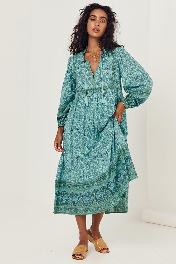 spell journey boho dress SPELL Juniper Boho Midi Dress in Eggshell Blue