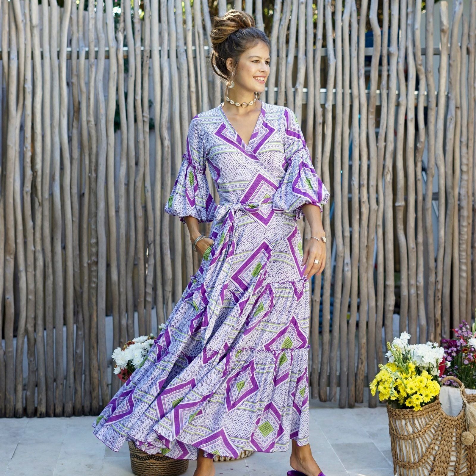White and Purple Floral Wrap Dress